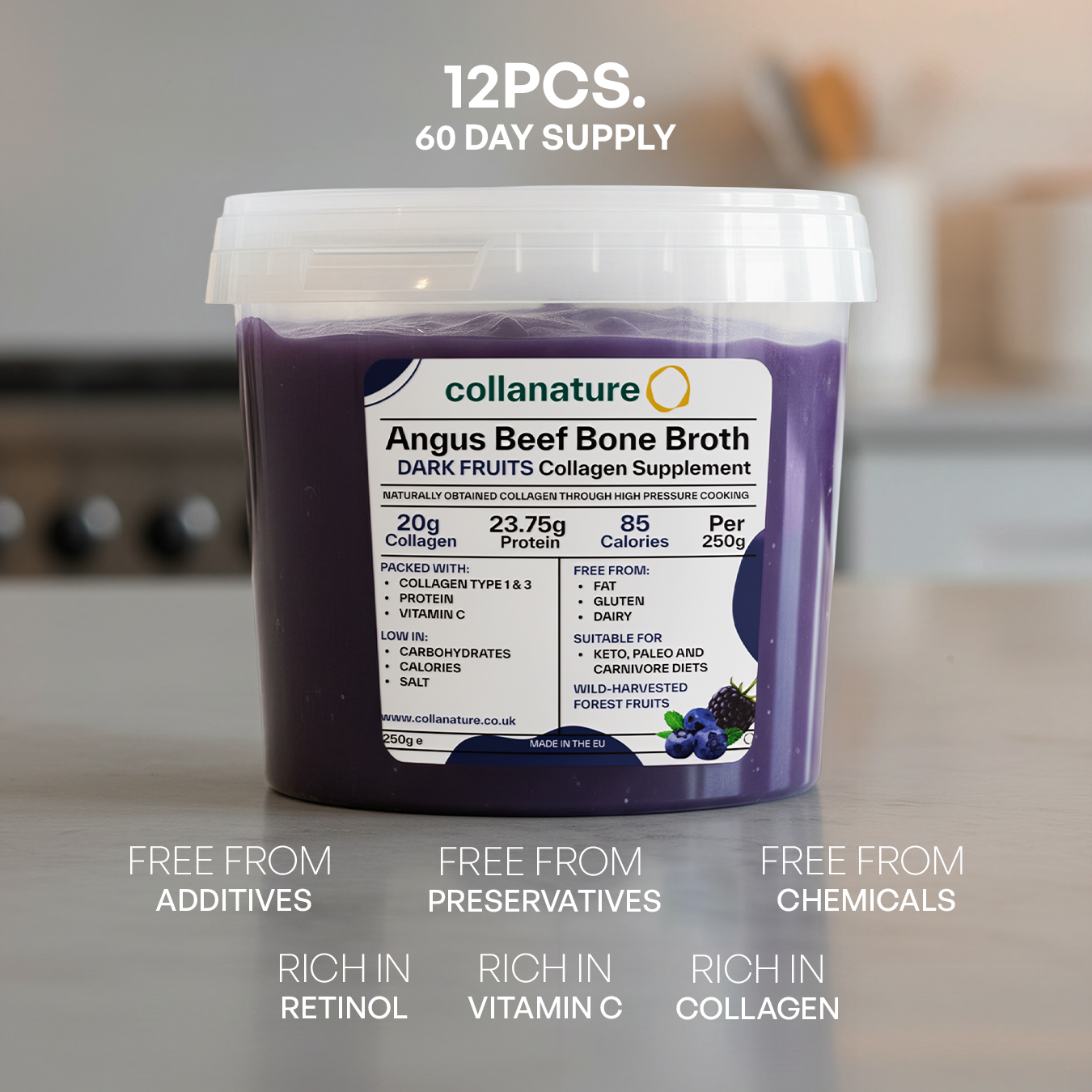 20,000 mg Bioavailable 100% Natural Collagen from Beef Bone Broth with Handpicked Wild Berries