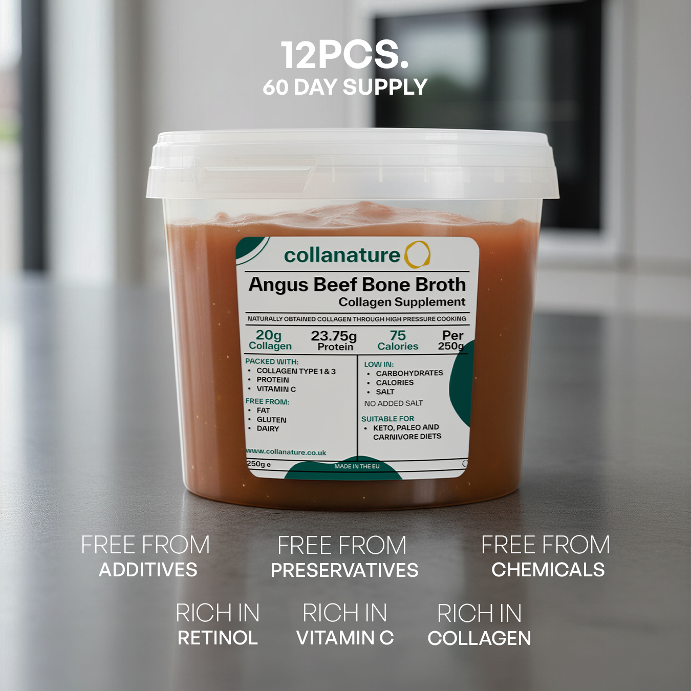 20,000 mg Bioavailable 100% Natural Collagen from Beef Bone Broth containing Retinol, Chondroitin & Glucosamine