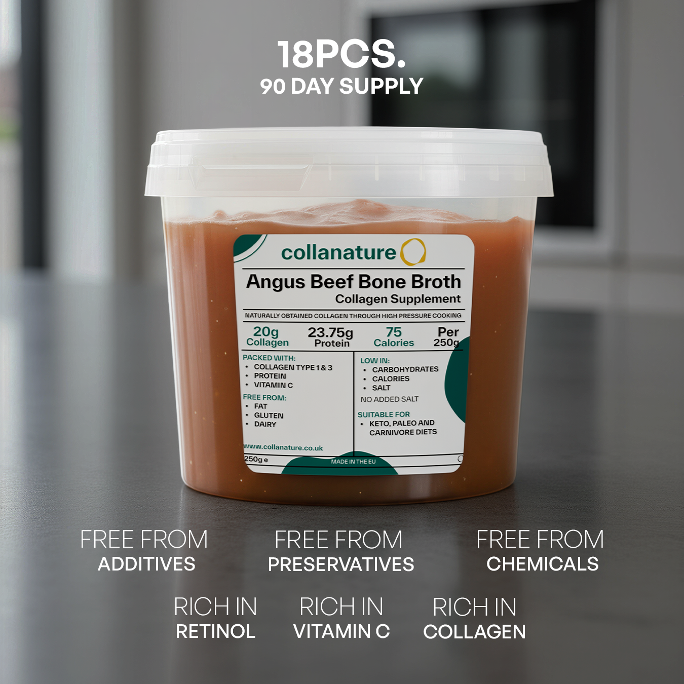 20,000 mg Bioavailable 100% Natural Collagen from Beef Bone Broth containing Retinol, Chondroitin & Glucosamine